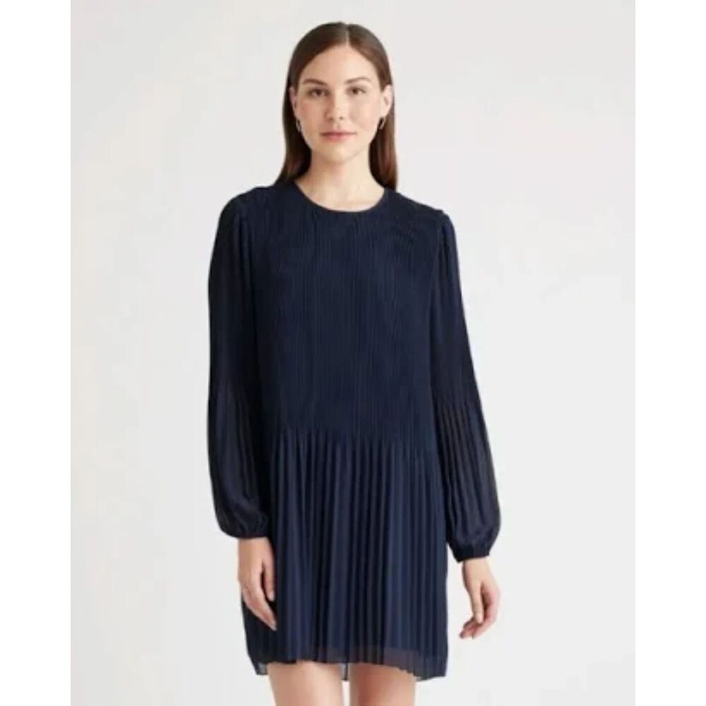 Quince Navy Blue Pleated Long-Sleeve Mini Dress